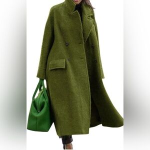 Chartou Olive Green Long Wool Blend Coat SZ L NWT Double Breasted Chic Oversized
